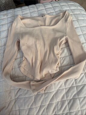 Ribbed Square-Neck Long-Sleeve Top in Light Beige